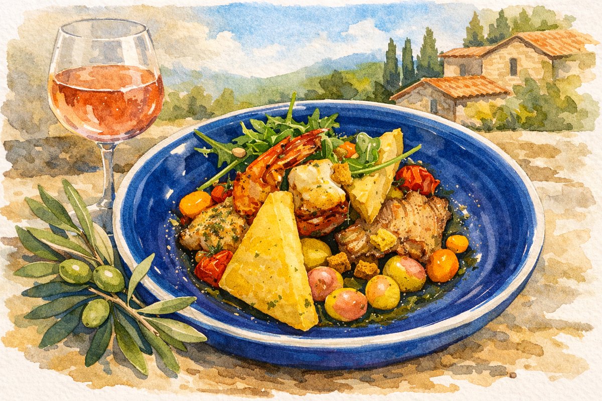 Assiette provençale : poisson, légumes, polenta, olives