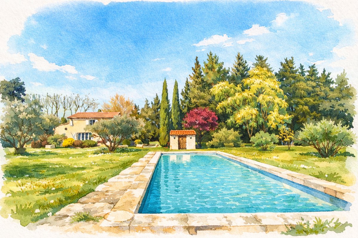 Le mas et sa piscine en aquarelle